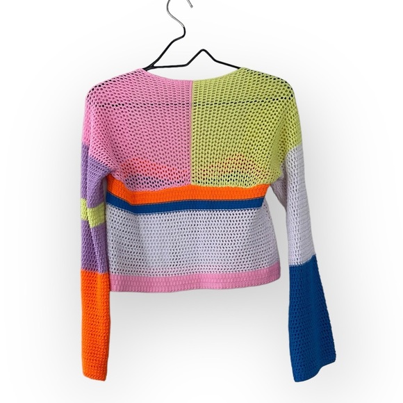 Crochet Colorblock Y2K Cropped Open Knit Sweater Bright Vibrant Top Size Large - Picture 2 of 11